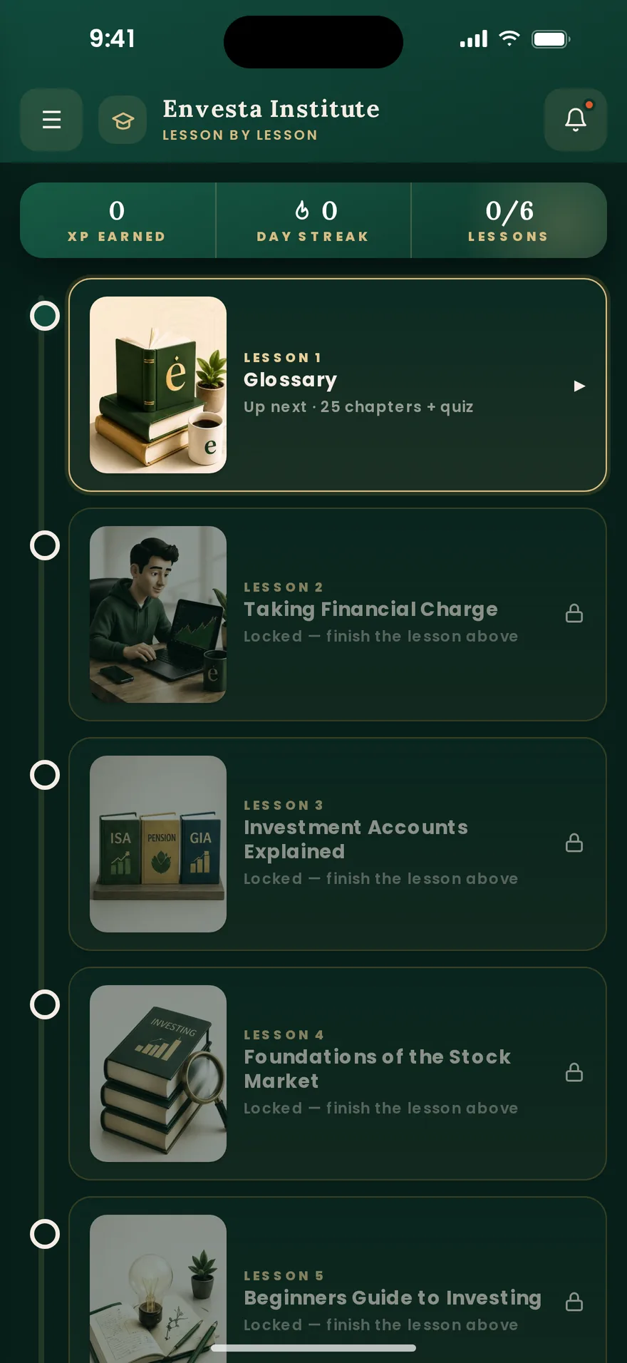 The Envesta Institute in the app: the lesson path, starting at lesson one.