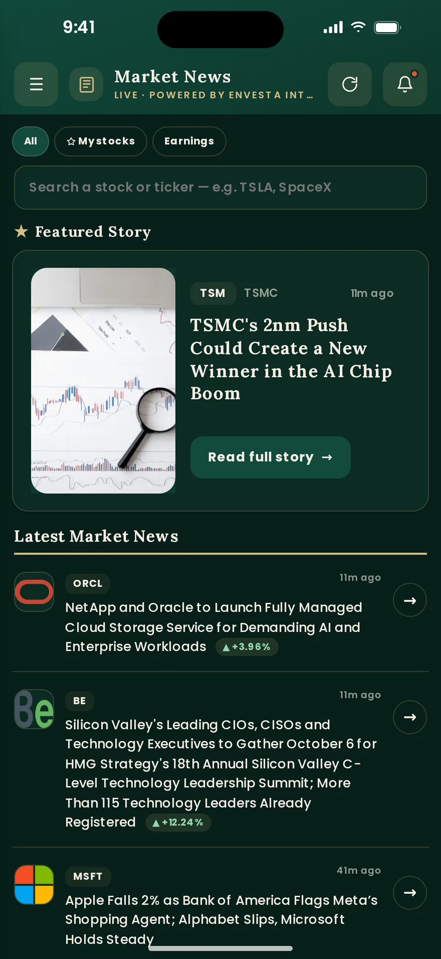 Market News in the app: the featured story and the latest headlines.
