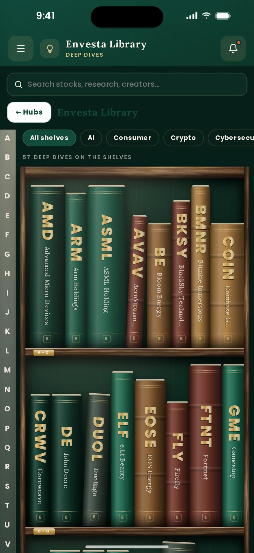 The Envesta Library in the app: company deep dives on the shelves, A to Z.