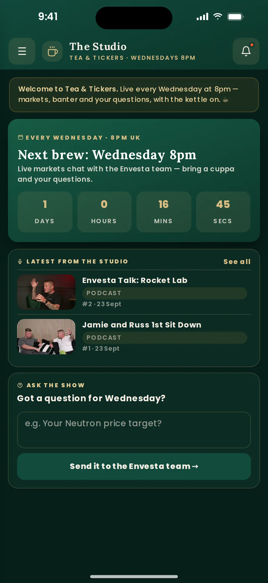 The Studio in the app: the Tea and Tickers countdown, recent podcasts and a question for the show.